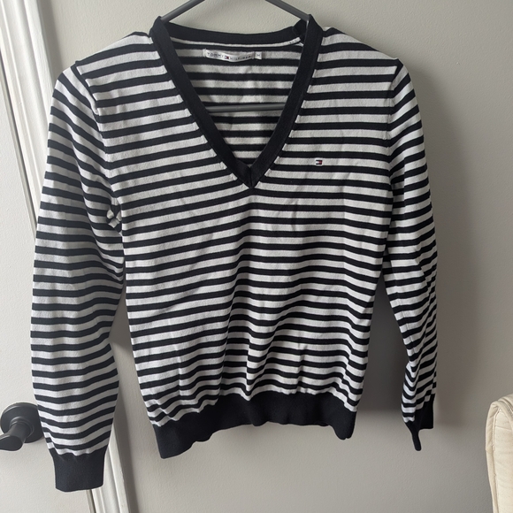 Tommy Hilfiger Striped V-Neck Sweater in Black and White - Picture 1 of 3